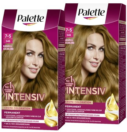 Palette Intensiv Creme Coloration 7-5/546 Karamell Goldblond (2 x 115 ml), permanente Haarfarbe für leuchtende, langanhaltende Farbbrillanz & 100% Grauabdeckung