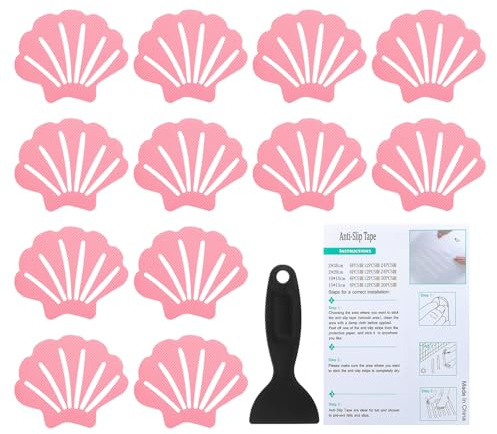 PATIKIL Bathtub Non Slip Stickers 3.54x2.76 Inch, 12 Pack Shell Safety Shower Floor Anti Slip Stickers with Adhesive Decals Scraper for Bath Tub Shower Floor Stair, Pink