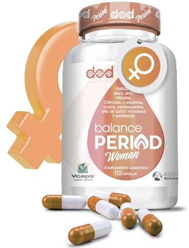 Balance Hormonal Femenino, Regular Ciclo Menstrual, Reducir Síntomas menstruales y Retención de Líquidos, con Vitex, Omega-3 y Ashwaganda para Salud Integral Femenina Balance Period DOD