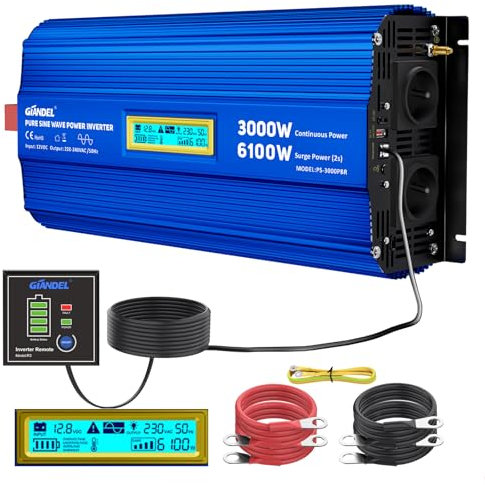 GIANDEL 3000W Convertisseur 12V 220V Pur Sinus 6100W Puissance de Pointe Compatible avec LiFePO4-Batterie mit Écran LCD et USB-C PD 30W & 3.6A USB-A pour Camion de Camping - Car