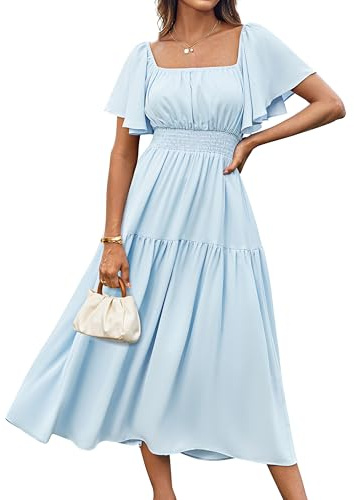 GRACE KARIN Robe Maxi Femme Chic Manches Courtes Bouffantes Col Carré Taille Élastique Robe de Cérémonie Bleu Clair M