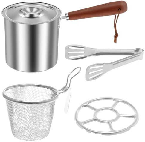 FALESOUL Piccola pentola per friggitrice con cestino, mini friggitrice in acciaio inox con pinze e coperchio, cestino antiaderente per friggitrice per tacchino, per patatine fritte, patatine fritte