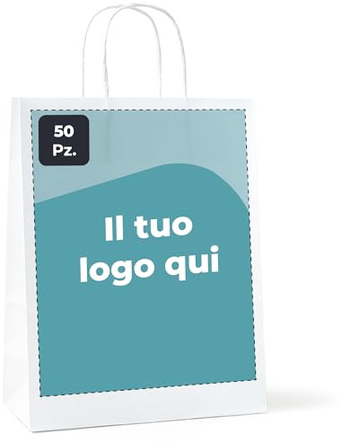 Cimpress Personalisierte Papiertüten mit Henkel weiß, Foto, Logo oder Text hinzufügen, 22 × 30 cm, Großer Aufdruck, 50 Stück, Kraft-Geschenktüten für Einzelhandel, Boutiquen, Geburtstage, Hochzeiten