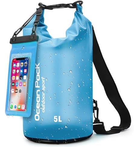 KUOGAS Dry Bag mit Handy-Schutzbeutel & Trageriemen – wasserdichte Tasche für Outdoor, Camping & Wassersport | 5L, 10L, 20L | Ultraleicht & Robust | Packsack Wasserdicht & Rucksack (Blau, 5, Liter)