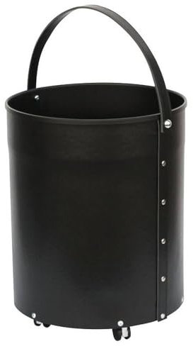 Porte-bois rond avec roues en cuir synthétique noir d.38 h. 50 cm. Fabriqué en Italie par Comex Production