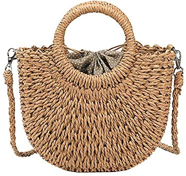 Ymnilian Korbtasche, Strohtaschen Damen Sommer Stroh Beachtasche Handgemachte Runde Frauen Umhängetaschen Raffia Circle Rattan Taschen Böhmischen Beiläufige Gewebte Korb Handtaschen(Khaki)