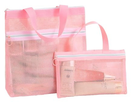 ZBKJYILF Mesh Shower Caddy Bag, Pink Small Portable Zipper Hanging Toiletries Handbag, Suitable for Gym, Travel, Camping, Beach, Sunscreen, Dormitory and University Essentials
