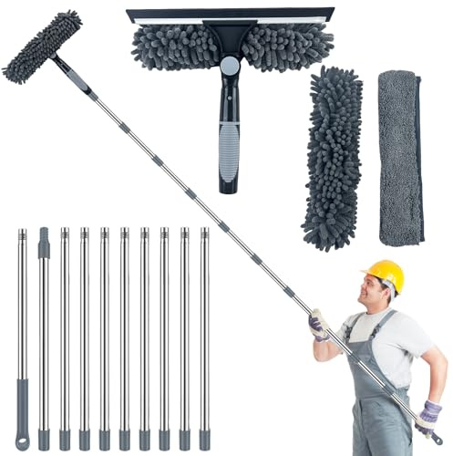 Limpiacristales con Mango Extensible 450cm, Limpiador de Ventanas con Escobilla de Silicona, Paños de Microfibra y Chenille, Kit Limpiacristales Profesional, Palo Limpiador Ventanas para Fuera Vidros