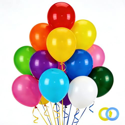 100 Stück Latex Ballons, 30cm, Mehrfarbig (10 Farben), Party Dekoration Set für Geburtstag, Hochzeit, Babyparty, mit Kringelband und Klebepunkten