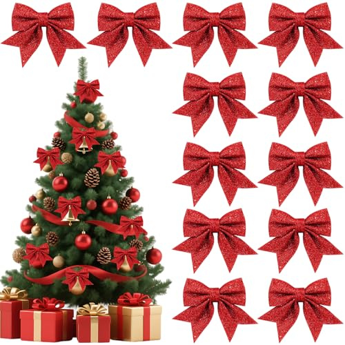 Betrynidil 12 PCS Noeud Rouge Noel, Petits Noeuds de Noël, 12 * 15cmNoeuds Pailletés pour Couronnes de Noël, Guirlandes, Décorations d'arbres, Rouge