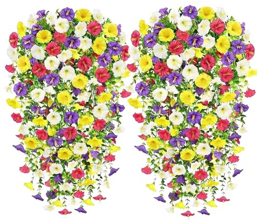crayfomo 4Pcs Artificial Hanging Flowers, UV-Resistant Fake Hanging Plants Flower Bouquet for Wall Home Room Garden Yard Patio Wedding Indoor Outdoor Decoration (Multicolor)