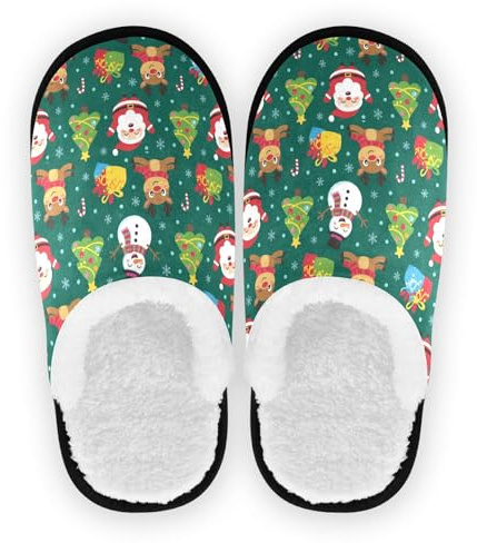 GuoChe Hemskor för män kvinnor luddig fleece halkfri gummisula lätta husskor inomhus utomhus vinter sovrum M, Julgrön jultomte ren snögubbe träd, Large