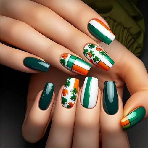 Faux ongles avec motifs trèfles de la Saint-Patrick, couverture complète, accessoires de manucure à coller, ensemble d'ongles de culture irlandaise