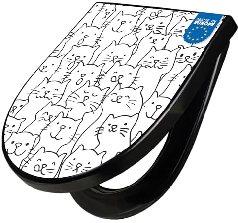 banjado WC Sitz mit Absenkautomatik D Form - Toilettendeckel mit Absenkautomatik D Form - Klodeckel Softclose - stabile Klobrille - Toilettensitz Schwarz - Motiv Lustiges Katzenmuster