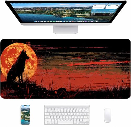 Red Gaming Mouse Pad, Wolf Large Mouse Mat 800x300x3mm, Desk Pad with Stitched Edges, Keyboard Mat with Waterproof Non-Slip Rubber Base, Desk Accessories and PC Accessories, Gifts for Women 9-5116