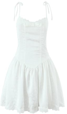 OPIGJUFD Dam Satinklänning Sexig Blommig Jacquard Rosett Snörning Klänning Låg Midja Spets Spets Spets Fest Mini Klänning, Vit, S