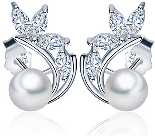 Yumilok 925 Sterling Silber Zirkonia Perlen Blätter Kleeblatt Ohrstecker Ohrringe Hypoallergen Ohrschmuck für Damen Frauen Mädchen