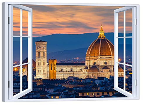 LuxHomeDecor Quadro Finestra su Firenze 100x75 cm Stampa su Tela con Telaio in Legno Arredamento Arte Arredo Moderno