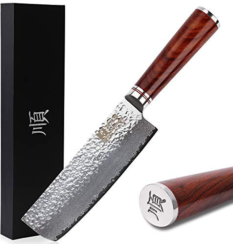 Sunlong Coltelli Nakiri Coltelli Usuba da 6,5 pollici Coltelli giapponesi VG10 martellato martellato acciaio naturale con manico in legno di rosa