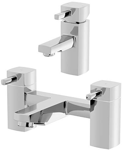 Architeckt® Misa Bathroom Bath Filler Mixer Tap and Basin Tap Set Deck Mounted Square Twin Lever Handle Modern, Chrome