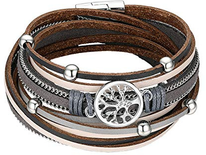 Flongo Damenarmband Frauen Armband Damen Lederarmband, Metall Leder Armband Armreif Geflochten Lederband Baum des Lebens Tree of Life Schwarz Braun Rot Surfer Wickelarmband