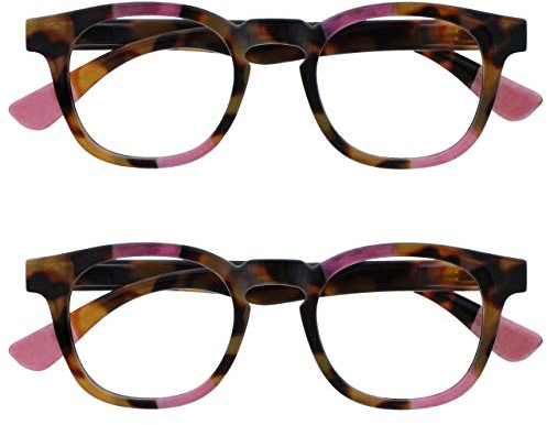 OPULIZE Ava Lesebrille 2er Pack Schmeichelhaft Abgerundet Rahmen Federscharniere Kratzfest Braun Schildpatt Rosa Herren Damen RR62-4 +1.50