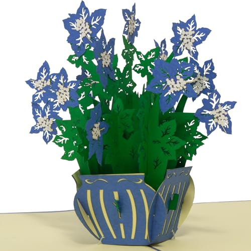 LINPOPUP® POP-UP Karte – Blaue Blumenvase 3D Geburtstagskarte – Muttertags-Grußkarte mit Blumenmotiv – Klappkarte Blau N391