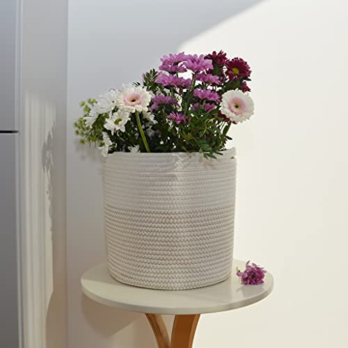 Aufbewahrungskorb geflochten aus Baumwolle Seil, Blumentopf Pflanzkorb mit Griff für Pflanzen, Garten, Spielzeug, Kleidung, Kunst, Bastelbedarf, kleine Gegenstände (Weiß & Braun)