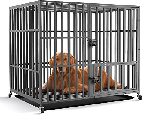 BingoPaw Heavy Duty Dog Crate: 46 inch Extra Large Pet Cage Chewproof | Strong Metal Dogs Kennel with Tear Resistant Square Tube for Military Puppy with 2 Prevent Escape Lock XXL(117x84x86.5cm)