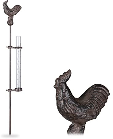 Relaxdays 2 x Regenmesser Hahn, Erdspieß, Deko Niederschlagsmesser, 17cm 7inch, Behälter Glas, Gartenstecker, Metall, Bronze
