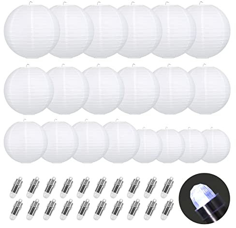 Encham 20 Stück Papierlaterne Weiß Lampions mit 20 Stück Weiß Mini LED-Ballons Lichter rund Lampenschirm für Hochzeit Party Geburtstage Dekoration