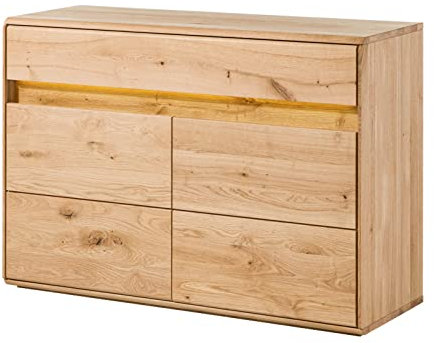 MASSIVMOEBEL24.DE | Cardiff Sideboard aus Massivholz inkl. LED-Beleuchtung #131 Wildeichenholz - Natur, geölt mit Schublade 123 x 43,5 x 86 cm schmale Kommode TV-Sideboard