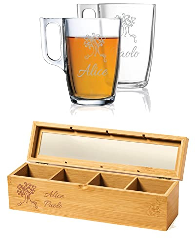 MASTERLASER3.0 Set The Personalizzato Due Tazze Tè Vetro Temperato Personalizzabili e Porta Bustine Tisane in Bambù con coperchio in legno e vetro Personalizzabile con Nome Iniziali Data Idea regalo