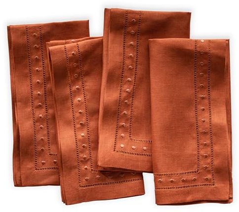 Leinenservietten, 4 Stück, 100 % reines Leinen, bestickt, 45,7 x 45,7 cm, Hohlsaum, Stoffservietten, waschbar für Herbst, Halloween, Thanksgiving und Herbstferiendekoration