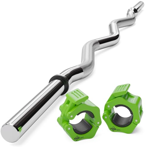 POUDI SPORT 1 Curlstange/SZ Hantelstange aus verchromtem Stahl 120cm | Ø : 28mm | 2 Grüne Hantelverschlüsse + 2 abnehmbare Gummiringe