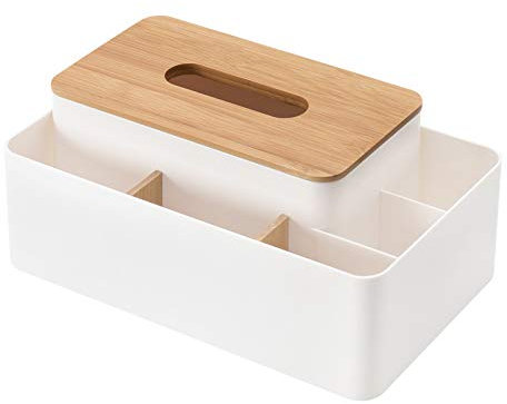 Multifunktionale Taschentuchbox Mit Fächern, Taschentuchbox Halter Bambus Rechteck Taschentuchhalter, Tücherbox Kosmetikbox Spender Box Für Kosmetiktücher Fernbedienung Handy (Elegantes Weiß)