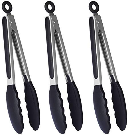 HINMAY 9-Inch Stainless Steel Cooking Tongs with Silicone Tips Kitchen Food Tongs for Serving, BBQ, Baking, Set of 3 (Black)