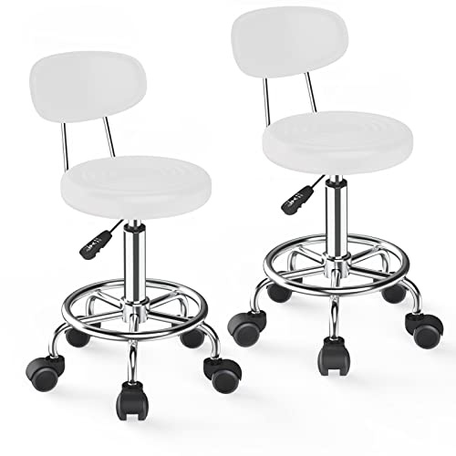 PIPIPOXER Rollhocker mit Rückenlehne Höhenverstellbar, Bürohocker Bis 120 kg, Arbeitshocker Höhenverstellbar 47.5-61 cm, Arbeitshocker 360° Drehbar für Büro Salon Massage Spa (Ø 34cm), Weiß