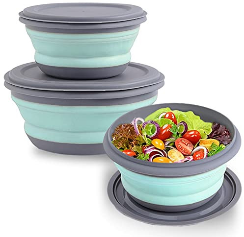 Huntoshon Ciotole pieghevoli, 3 pezzi, in silicone per uso alimentare, ciotole da campeggio, insalatiere con coperchi, contenitore portatile espandibile per alimenti, per campeggio, viaggi e picnic