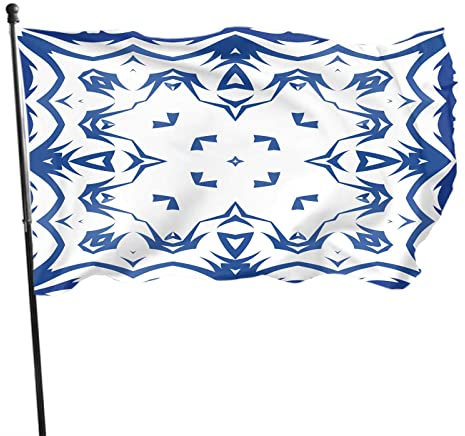 Blaue Keramikfliesen-Flagge, 90 x 150 cm, doppelseitig, großes Banner, Blumenmuster, geometrische Blume, marineblau, weiß, Outdoor-Flagge, zum Aufhängen, Standard-Flagge für Hof, Garten, Rasen
