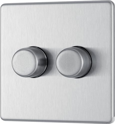 British General Electrical FBS82 Nexus Flatplate Screwless Brushed Steel 2 Gang 200W 2 Way Trailing-Edge Push Dimmer