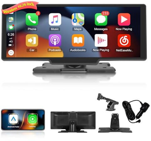 Carplay Display - 10,26 Zoll IPS Touchscreen Car Touchscreen mit Kabelloses Android Auto und CarPlay, Sprachsteuerung, FM/AUX, Navigationsbildschirm Drive Play für alle Fahrzeuge