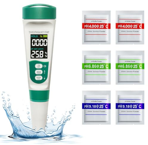 Cuteefun Misuratore PH Piscina, 5 in 1 Tester qualità Acqua, Tester PH/TDS/EC/Salinità/Temperatura con ATC, Display Retroilluminato VA, Phmetro con Risoluzione 0.01, per Acqua Potabile, Acquario