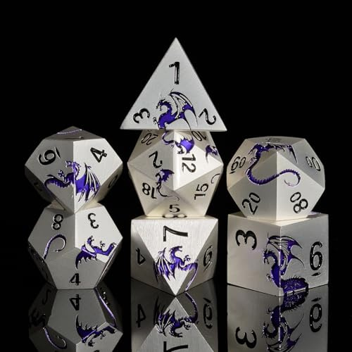 DND Würfel，HNCCESG Metall 7 Stück Violetter Drachen Würfel Set für Dungeons and Dragons,Tabletop Spiele D20, D12, D10, D%, D8, D6, D4(Mattes Silber-Lila)