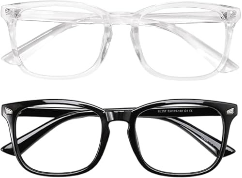 2 Pack Blue Light Blocking Glasses, Filter Blue Light, Suitable for Monitor/PC/Computers/TV/Game/Mobile Phones, Mens & Women Eye Protection Glasses (Black & Clear).