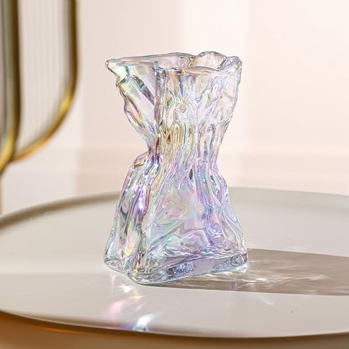 Cutfouwe Glas Papiertüte Vase für frische Blumen, unregelmäßig geformte Crinkle Grab Paper Bag Blume Vase Glas für Wohnzimmer Esstisch Dekoration,Rainbow