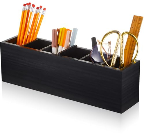 Jetec Stiftehalter aus Holz, 6 Fächer für den Schreibtisch, verstellbarer schwarzer Stifthalter, Holz, Büro-Schreibtisch-Organizer und Zubehör, Make-up-Pinselhalter, Organizer für Stift, Zuhause, Büro