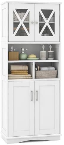 LIFEZEAL Mobile Bagno, in Legno, Mobiletto Bagno Salvaspazio, 60x30x145 cm, Credenza Cucina, con 4 Ante e Ripiani Regolabili, Armadietto Alto per Soggiorno, Armadio Multiuso Dispensa (bianco)