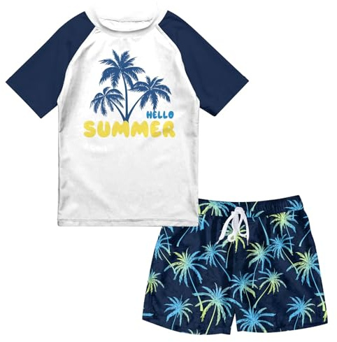 SunFocus 4T Boys Swimming Suit 2 Piece Bathing Suit 4T Surfing Swim Sets Toddler Kids Short Sleeve Boys' Rashguard Shirts Surfing Sunsuit Vacation Wear