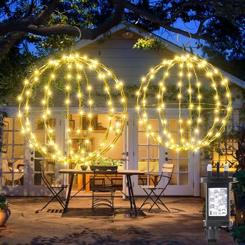 iBaycon Outdoor Christmas Lights Mains Powered,Hanging Ball Lights Warm White with Flash Beads,Foldable Sphere Timer Waterproof Decorations LED Fairy Lights,Garden Party House(33cm+28cm,2 Pack)